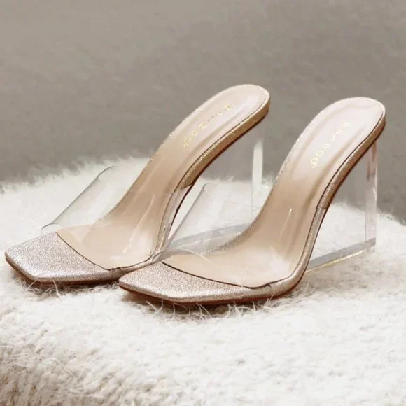 NEW Clear Transparent Wedge Slip On Square Toe Mule Sandal Heels Champagne Gold - Picture 2 of 8